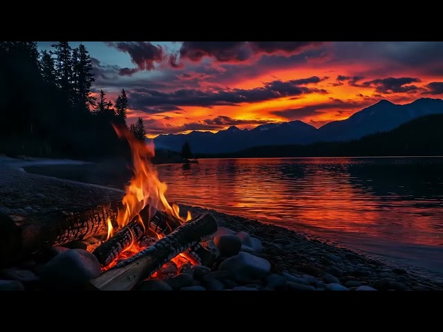 🔥 Tranquil Mountain Lake Campfire — Soft Fire at Sunset for Heavy Sleep (4K)