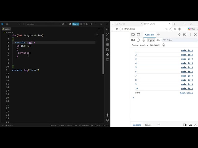 شرح تعليمة break   continue في لغة javaScript