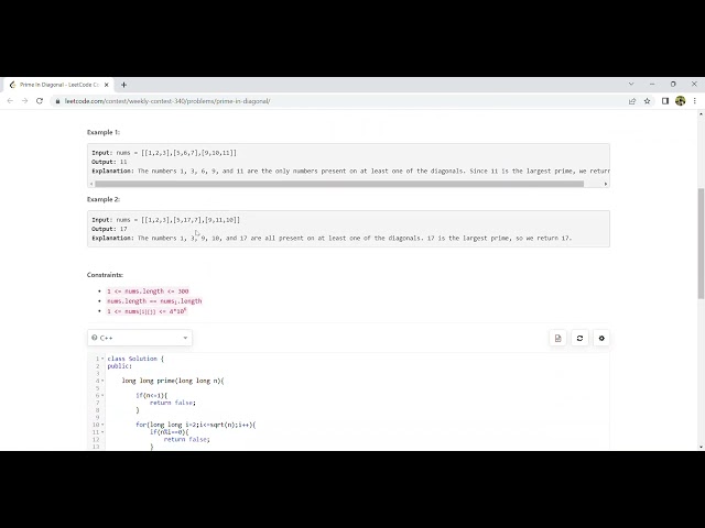 6361. Prime In Diagonal || Weekly Contest 340 || Leetcode Solutions #subscribe