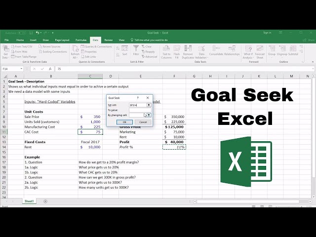 Break even analysis using Excel goal function.