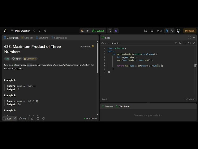 Leetcode 628 || leetcode daily solution 26-07-2026 || C++ solution || No audio