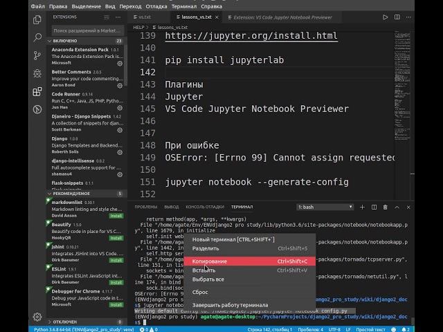 Lesson 6. Installing Jupyter Notebook in VS studio code for Python, Django.