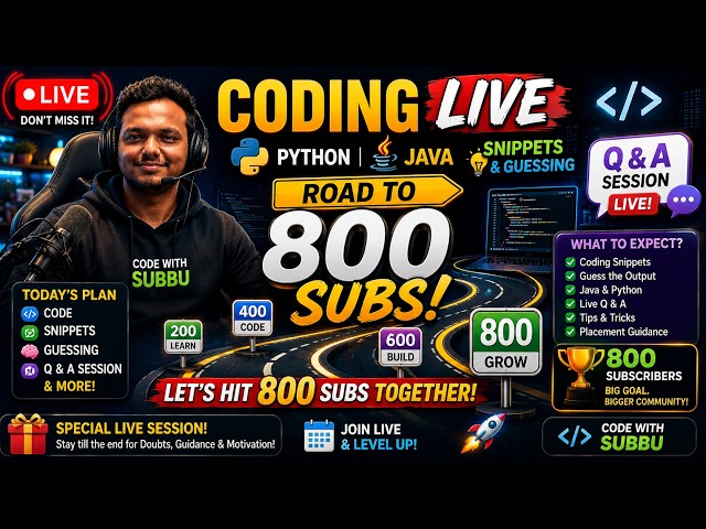 🚀 Coding Live | Java, Python, Snippets & Q&A | Road to 800 Subscribers!#live #livestream #codinglive