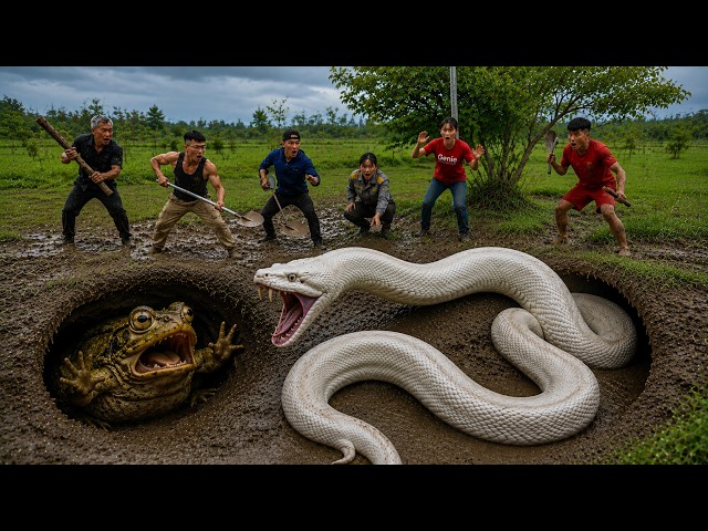 Hunter and Pitbulls Corner a Giant White Python Hiding in a Burrow