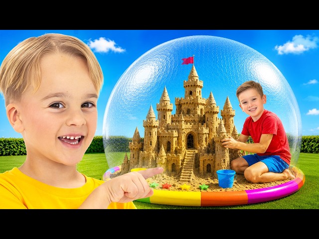 Kids learn to share toys and build Giant inflatable playhouse