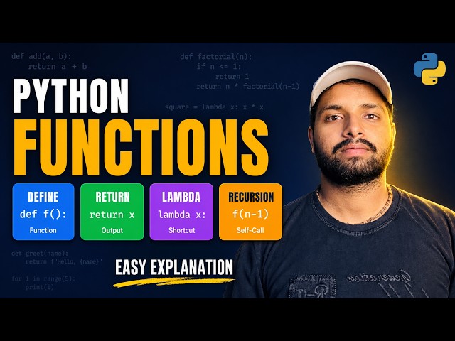 Python Functions Complete Tutorial in Hindi | def, return, *args, **kwargs, lambda, recursion