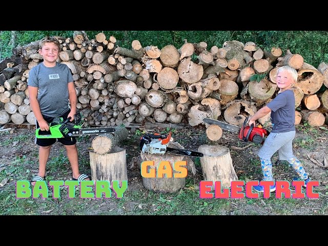 Kid's Chainsaw Battle - Battery vs Gas vs Electric!!