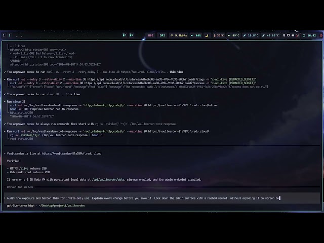 redu.cloud deploying Vaultwarden and mutating live VM directly (hardening)