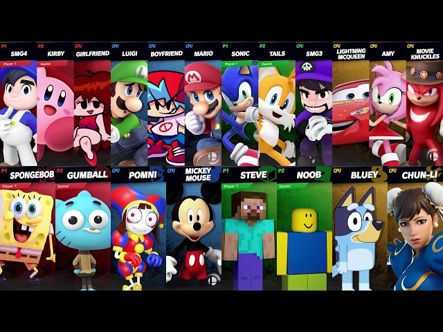 Sonic vs Mario vs Bluey vs SpongeBob vs Mickey vs Roblox vs Minecraft vs Car | Super Smash Bros