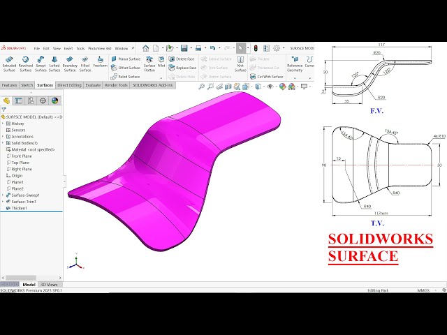 SolidWorks Surface Tutorial Swept Surface, Trim Surface and Thicken
