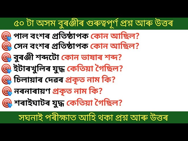 50 টা অসম বুৰঞ্জীৰ গুৰুত্বপূৰ্ণ প্ৰশ্ন আৰু উত্তৰ | Important Assam History GK in Assamese Language