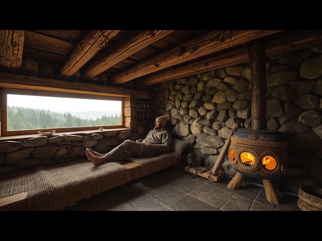 Primitive Bushcraft Shelter In The Rain Forest - Stone Roofed And Stone Wall