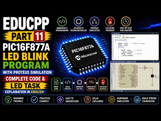 EDUCPP Part 11 PIC16F877A LED Blink Program Complete Code, Proteus Simulation & LED Task Explained i