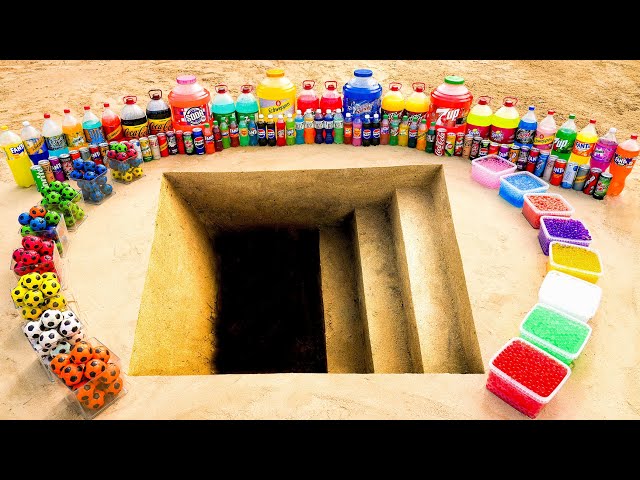 Experiment: Giant Soda, Schweppes, Mtn Dew, 7up, Balls & Coca-Cola vs Mentos in Stepped Pit!
