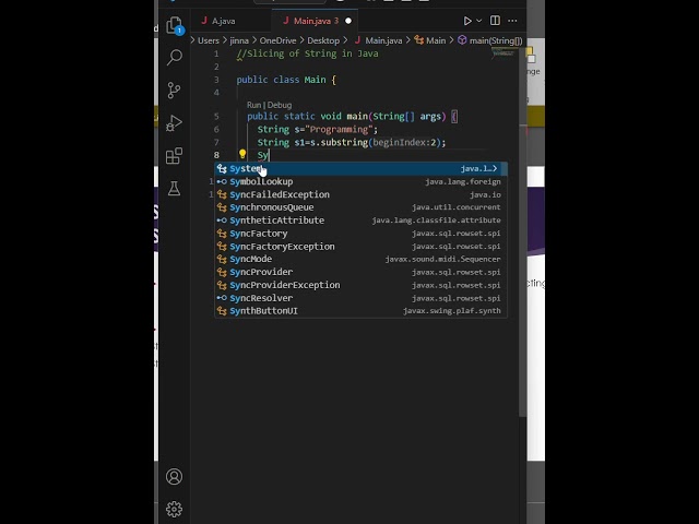 Slicing coding example of java programming