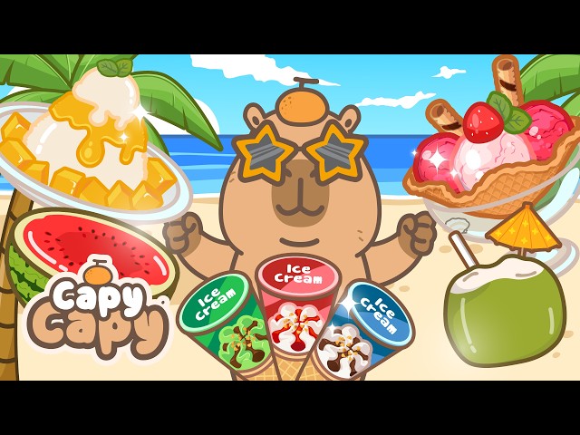 Capy Capy / Capybara cartoon / Beach Day Dessert: Ice cream, watermelon, coconut / ASMR mukbang
