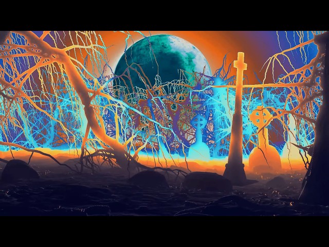 Shadowfire Supernatural Swamp Graveyard Halloween 4K Background Scene Loop Full Moon Orange Blue
