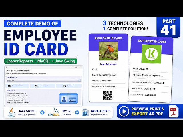 JasperReports Tutorial for Beginners 2026 | Employee ID Card Demo with Java Swing & MySQL (Part 41)