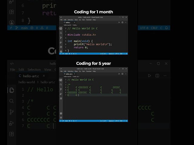 Coding for 1 Month vs 5 Years | Hello World in C #shorts