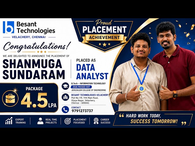 🎉 Data Analyst Placement Success|Shanmugam Placed with 4,5 LPA Package|Besant Technologies Velachery