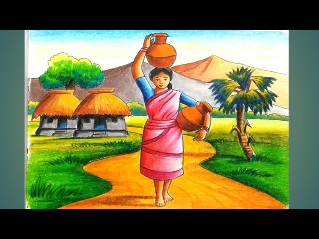 How to draw a hillside village scenery with oil pastels/village women drawing