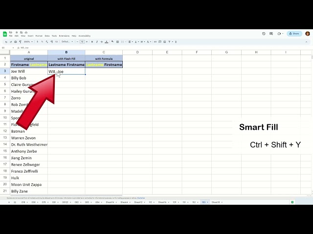 How to change first name, last name, to last name, first name in Google Sheet