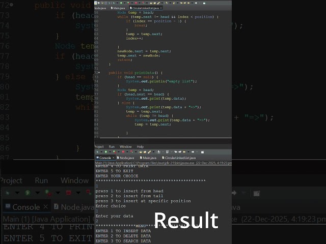 CircularLinkedList.java || Circular Linked List Class in Java 🔁 | Full Output Explained #Shorts