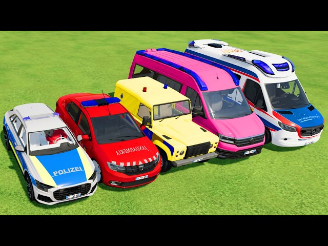 TRANSPORTING POLICE CARS, AMBULANCE, FIRE TRUCK, COLORFUL CARS WITH TRAIN -FARMING SIMULATOR 22!