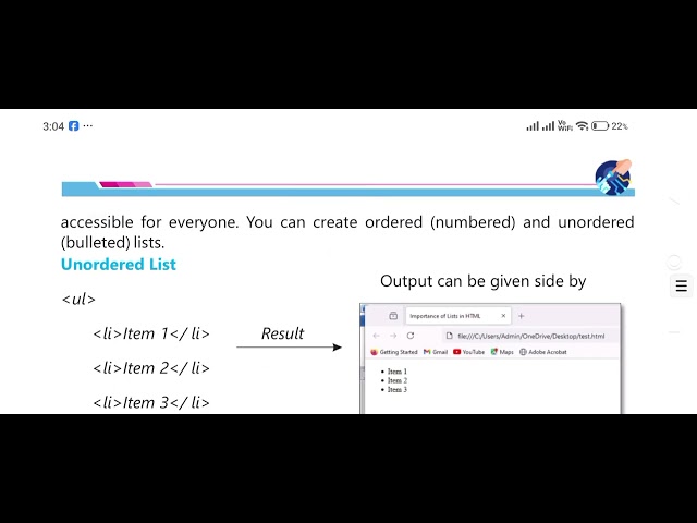 Paragraph links images list unordered list ordered list creating table in HTML HTML comments