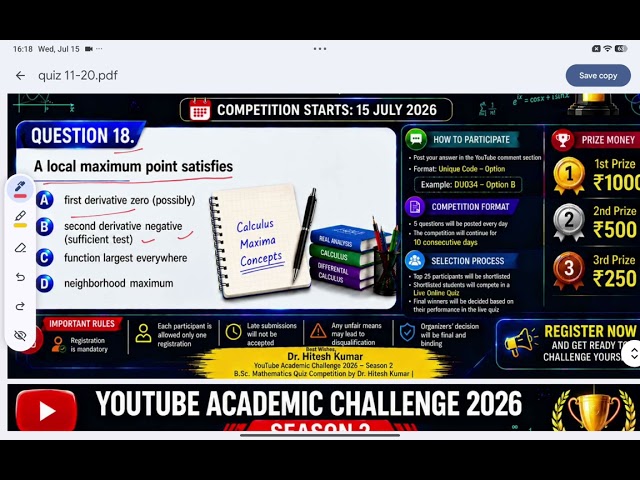 Question 18 | Local Maxima and Minima | YouTube Academic Challenge 2026 | B.Sc. Mathematics Quiz