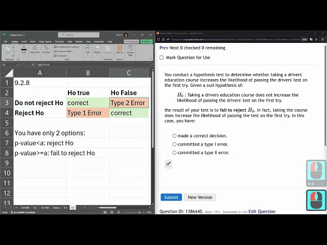 Stats 243 = HW 9.2.8 = Errors Of Type 1 Or Type 2 Or Correct Decision