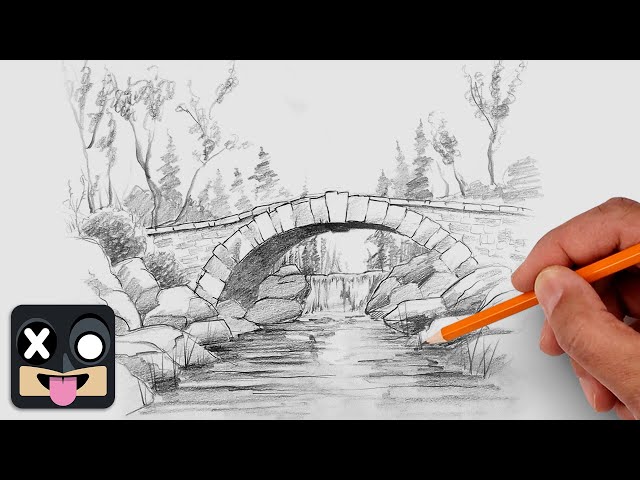 How To Draw a River Bridge Landscape | Step by Step Art Lesson
