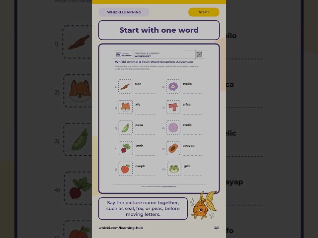 Kindergarten Worksheets: Animal & Fruit Word Scramble