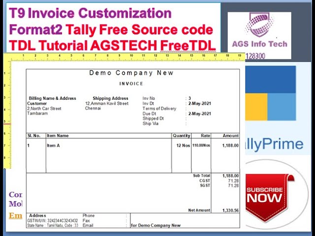 T9 Invoice Customization Format2 Tally FreeSourcecode TDL Tutorial AGSTECH FreeTDL