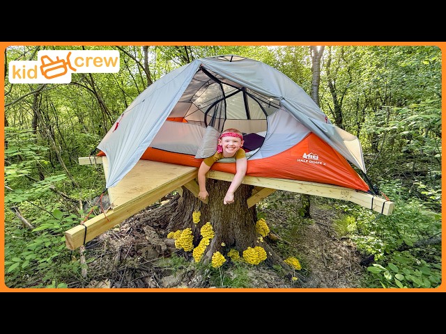 Camping in tent treehouse to escape storm after building it. Educational | Kid Crew