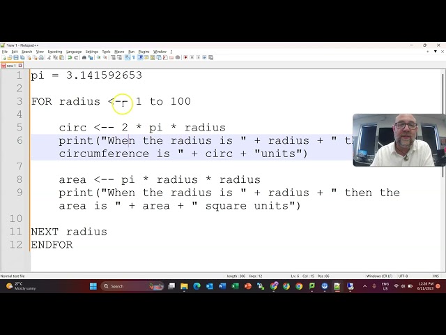 Maths Example Circle Information with a For Loop