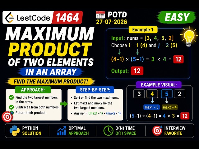 LeetCode 1464 | Maximum Product of Two Elements in an Array | Easy |  POTD 27-07-2026 | VK Coder