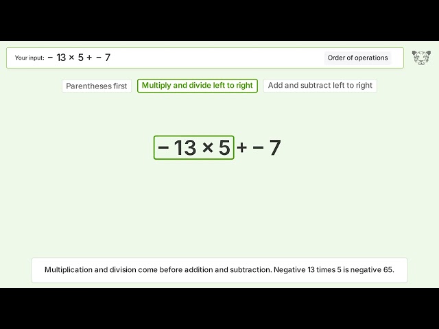 Master Order of Operations: Solve -13(5)+(-7)