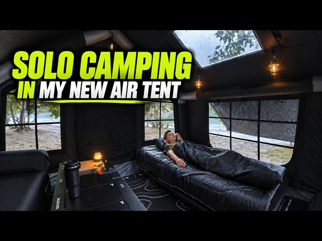 Sleeping in My New Air Tent in Heavy Rain | Solo Camping by the Sea