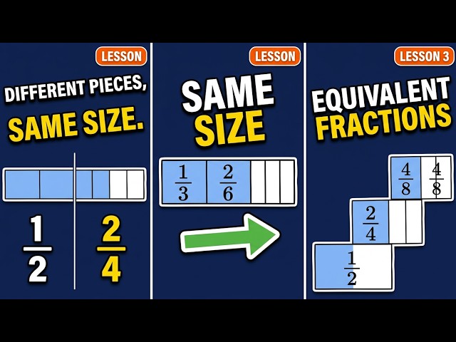 Equivalent fractions - Different pieces, same size.