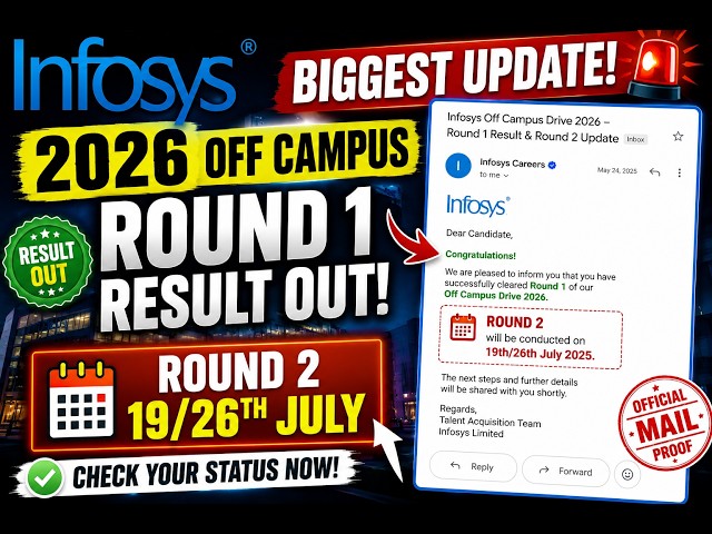 INFOSYS 2026 Off Campus Round 1 Result Out 🔥 Official Mail Proof | ROUND 2 DATE