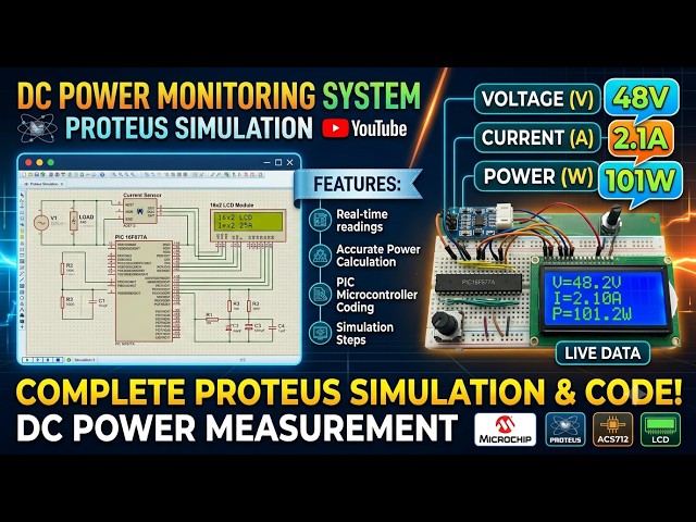 Dc Power Monitoring System , PIC 16f877a , ACS712 current sensor, Voltage sensor, Proteus Simulation