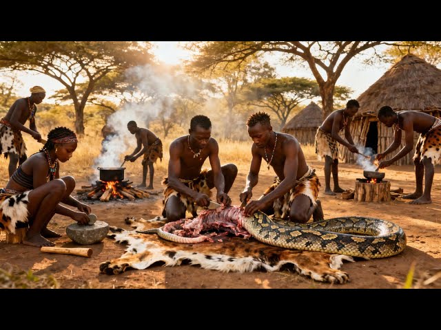 Hunting Giant Pythons and Cooking Ancient Way - Surviving in the Wild | Hadzabe Tribe Hunting