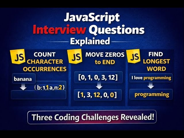 JavaScript Interview Questions Explained | Character Count, Move Zeros, Longest Word