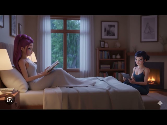 KPop Demon Hunters 2 Huntrix lounging in Skims while curled up reading in bed on a rainy afternoon