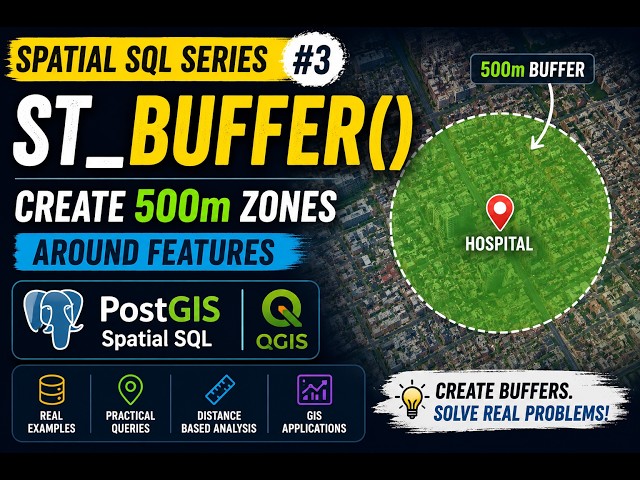 Learn ST_Buffer() in PostGIS | Create 500m Buffers Around Features | Spatial SQL #3