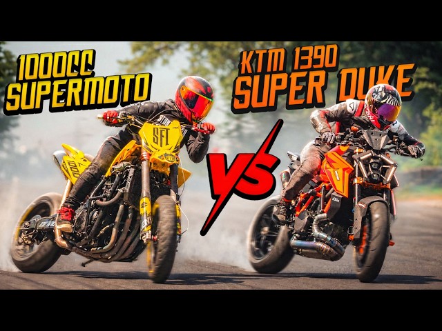 MOTO DRIFT BATTLE - KTM 1390 Super Duke R EVOvs. 1000cc SUPERMOTO | RokON VLOG 190