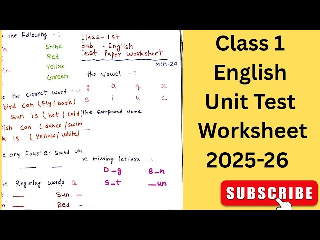 1st unit test paper for class 1/ English Unit test paper for class 1 / unit test for grade 1st 
