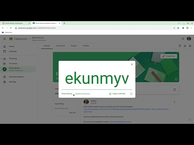 Excel Versity: Google Classroom Code