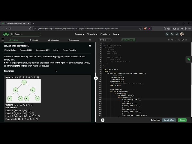 ZigZag Tree Traversal | GFG Solution in C++ | Easy Level Order Traversal Explained